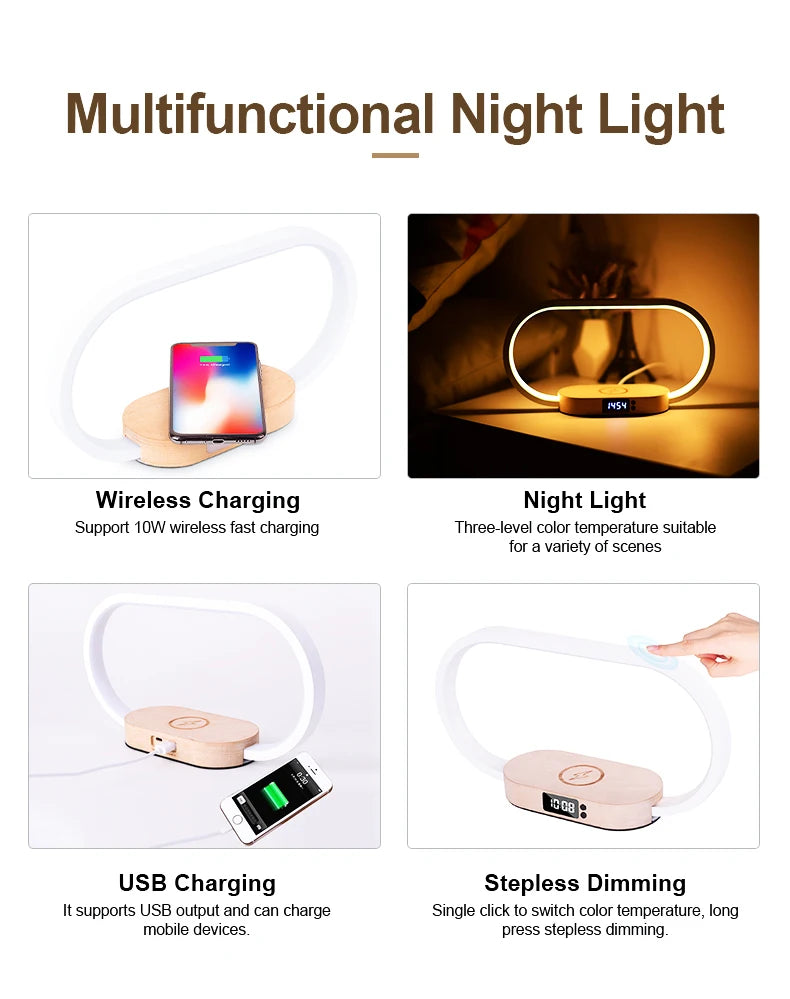 Table Top Wireless Charger with Night Light & Clock Fast Phone Charger