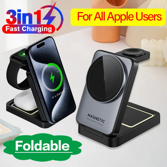 3 In 1 Magnetic Wireless Charger Stand Foldable Fast Charging Dock Station